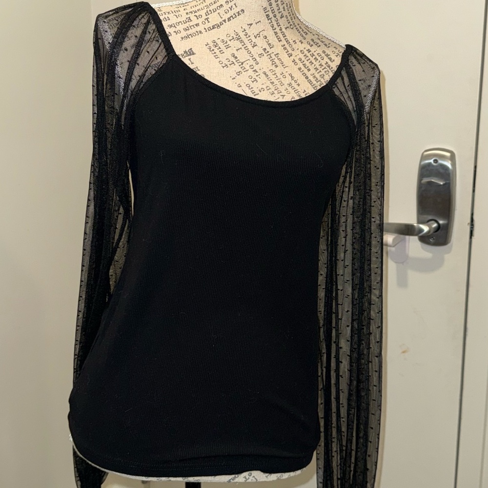 Black Mesh Polka Dot Sleeve Long Sleeve Blouse | Large | NWNT